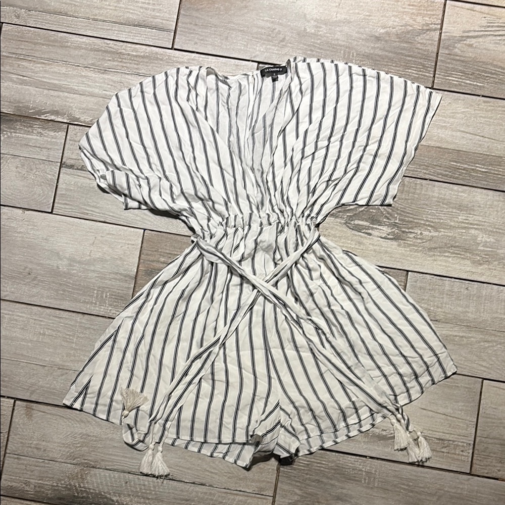 LA CHARME U Black and White Striped Wrap Romper with Tie Waist
